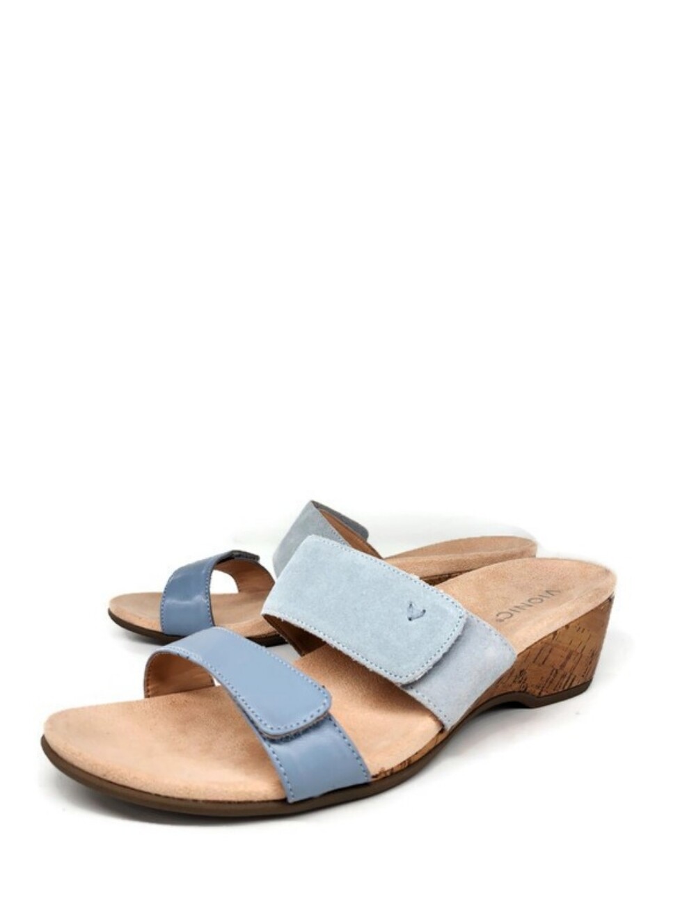 Vionic Bayu Blue Leather & Suede Straps Open-Toe Demi Wedge Slide-On Sandals